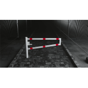 Swiveling gates | for casting in concrete, hot-dip galvanized and white coated with red reflecting stripes | total width: 3000 mm | for padlock